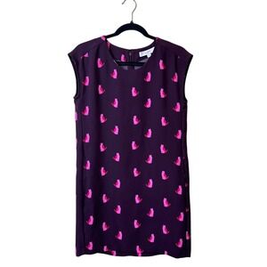 LOFT Plum Shift Cat Dress Bright Pink Print FLAW Office Whimsy XS